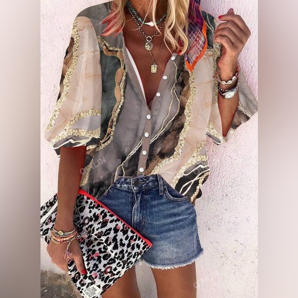 Boho Geometric Puffy  sleeved Blouse - Picture 1 of 2